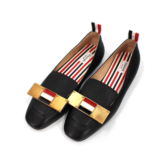 Thom Browne Apron Toe Black Striped Gold Bow Flats 36 Pebbled Leather Shoes - Picture 2 of 7
